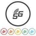 5G icon network coverage area. Set icons in color circle buttons Royalty Free Stock Photo
