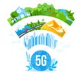 5G internet networking communication vector illustration, cartoon flat 5g network logo under modern city, farm nature