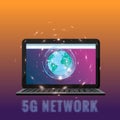 5G internet new mobile wireless technology wifi connection. Laptop city planet Earth. Fifth innovative generation of the