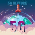 5G internet new mobile wireless technology wifi connection. Start rocket Earth planet letters 5g. Fifth innovative