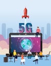 5G internet new mobile wireless technology wifi connection. Start rocket tine people laptop city letters 5g. Fifth