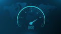 5G Internet Speed Testing meter with glowing colors. Backdrop for world map in blue color vector illustration.