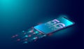 5G internet technology background, next generation of mobile network and digital data connected with smartphone on blue background