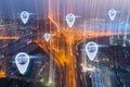 5G internet of think communication concept. Aerial view Night Expressway, toll way, highway Royalty Free Stock Photo