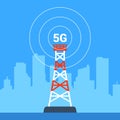 5G internet tower on the background of the city.