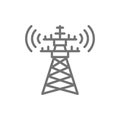 5G internet tower, telecommunications tower, satellite antenna line icon.