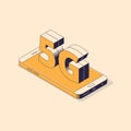 5G isometric concept - lying mobile phone with big sign of fifth generation wireless internet connection.