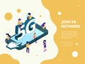 5g isometric. Smartphone broadcasting characters male female people gadgets connecting to 5g telecommunications digital