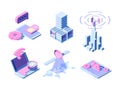 5g isometric. Telecommunication industrial innovation wireless world different gadgets online clouds smartphone vector