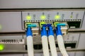 10G main server interfaces. Front panel of the central data center router. Modern high-speed switching equipment of the Internet