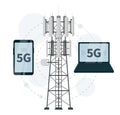 5G mast base stations with smartphone and laptop