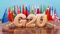 G20 meeting concept, flags of all members G20. 3D rendering Royalty Free Stock Photo