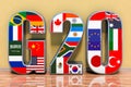 G20 meeting concept, flags of all members G20 in room. 3D rendering Royalty Free Stock Photo