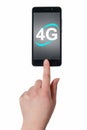 4G Mobile Internet - Man`s Hand With Smartphone With 4G Sign on Display - Isolated on White