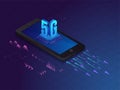 5G Mobile Internet Network Service Concept, 3D Text of 5G on Smartphone and Blue Binary with Infographic Futuristic. Royalty Free Stock Photo