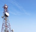 5g Mobile Microwave Antenna Or Tower For Telecommunications With Satellite Dish , Blue Sky Background, Copy Space
