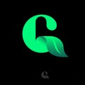 G monogram. Green G letter with leaf. Emblem for organic food.