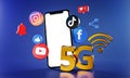 5G Most Popular Social Media Instagram Facebook Tiktok Youtube Icons. Phone Mockup