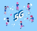 5G network concept. Isometric 5g wifi net. Vector 3D people with smartphones, laptops, tablets