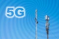 5G Network Connection Concept. Micro cell 3G, 4G, 5G Mobile phone base station against a blue sky with rays and text 5G. Smart ce