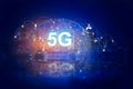 5G network digital hologram and internet of things on city background.5G network wireless systems