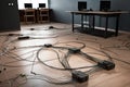 5g network installation, with cables and equipment on the floor