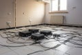 5g network installation, with cables and equipment on the floor