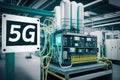 5g network installation and testing in high-tech factory, with robots and modern equipment visible