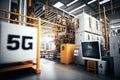 5g network installation and testing in high-tech factory, with robots and modern equipment visible