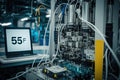 5g network installation and testing in high-tech factory, with robots and modern equipment visible