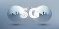 5G Network Label with Cityscapes Inside of Globes - Grey Blue Background, High Speed Broadband Mobile Telecommunication