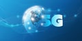 5G Network Label with Earth Globe and World Map Backround- High Speed, Broadband Mobile Telecommunication