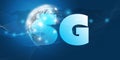 5G Network Label with Earth Globe and World Map Backround- High Speed, Broadband Mobile Telecommunication and Wireless Internet Royalty Free Stock Photo