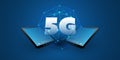 5G Network Label in Front of Tablet PC Devices and Wire Frame Mesh - High Speed, Broadband Mobile Telecommunication