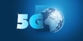 5G Network Label with Smart Phone and Earth Globe - Futuristic High Speed, Broadband Mobile Telecommunication