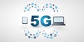 5G Network Label, Between Two Mobile Devices - Icons and Network Mesh - High Speed Broadband Mobile Telecommunication Royalty Free Stock Photo