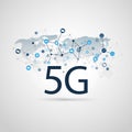 5G Network Label with Wire Mesh, Icons and World Map - High Speed, Broadband Mobile Telecommunication and Wireless Internet Design Royalty Free Stock Photo