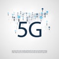 5G Network Label with Wire Mesh, Icons and World Map - High Speed, Broadband Mobile Telecommunication and Wireless Internet Design Royalty Free Stock Photo