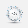 5G Network Label with Wireframe Ring and Icons - High Speed, Broadband Mobile Telecommunication and Wireless IoT Systems Design