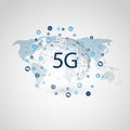 5G Network Label with Wireframe Sphere, Icons and World Map - High Speed, Broadband Mobile Telecommunication and Wireless Internet Royalty Free Stock Photo