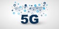 5G Network Label with World Map, Icons and Network Mesh - High Speed Broadband Mobile Telecommunication and Wireless Internet Royalty Free Stock Photo