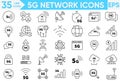 5G network outline web icons set. Connected, no signal, data upload, Wi-Fi, signal strength and more. vector and illustrator set
