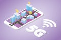 5g network on smart city building technology with wifi signal on top of smartphone with isometric modern style - vector Royalty Free Stock Photo