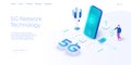 5g network technology in isometric vector illustration. Wireless mobile telecommunication service concept. Marketing website