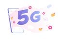 5G network wireless technology concept. A big 5G sign popping out smartphone. High speed mobile internet connection. New 5th Royalty Free Stock Photo