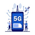 5G network wireless technology concept with character. People with gadgets using extreme high speed 5G internet connection. Modern