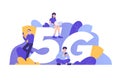 5G network wireless technology concept. People standing and sitting near big 5G sign and using smartphone gadgets. High-speed Royalty Free Stock Photo