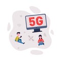 5G network wireless technology concept. Small people characters using high speed mobile internet for working, online Royalty Free Stock Photo