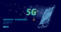 5G new wireless internet wifi connection. Laptop mobile device isometric blue 3d flat. Global network high speed