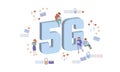 5G new wireless internet wifi connection. Small people large big symbol letters. Gadgets device isometric blue 3d flat